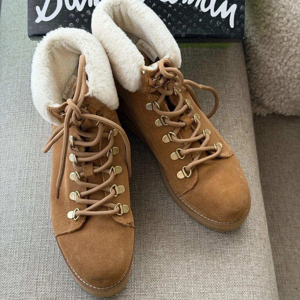 Sam Edelman Franc lace-up boots in camel suede with faux fur trim 7.5